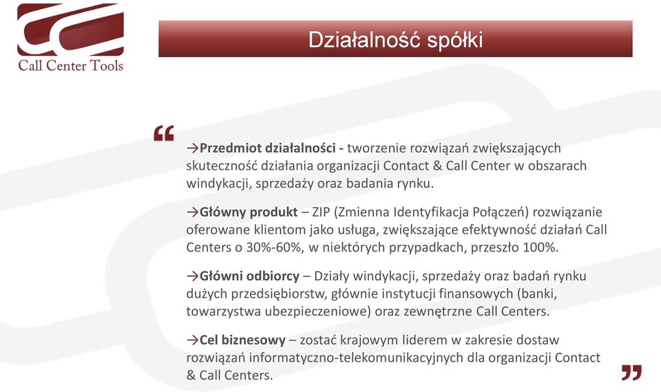 Główny produkt ZIP (Zmienna Identyfikacja Połączeo) rozwiązanie oferowane klientom jako usługa, zwiększające efektywnośd działao Call Centers o 30%-60%, w niektórych