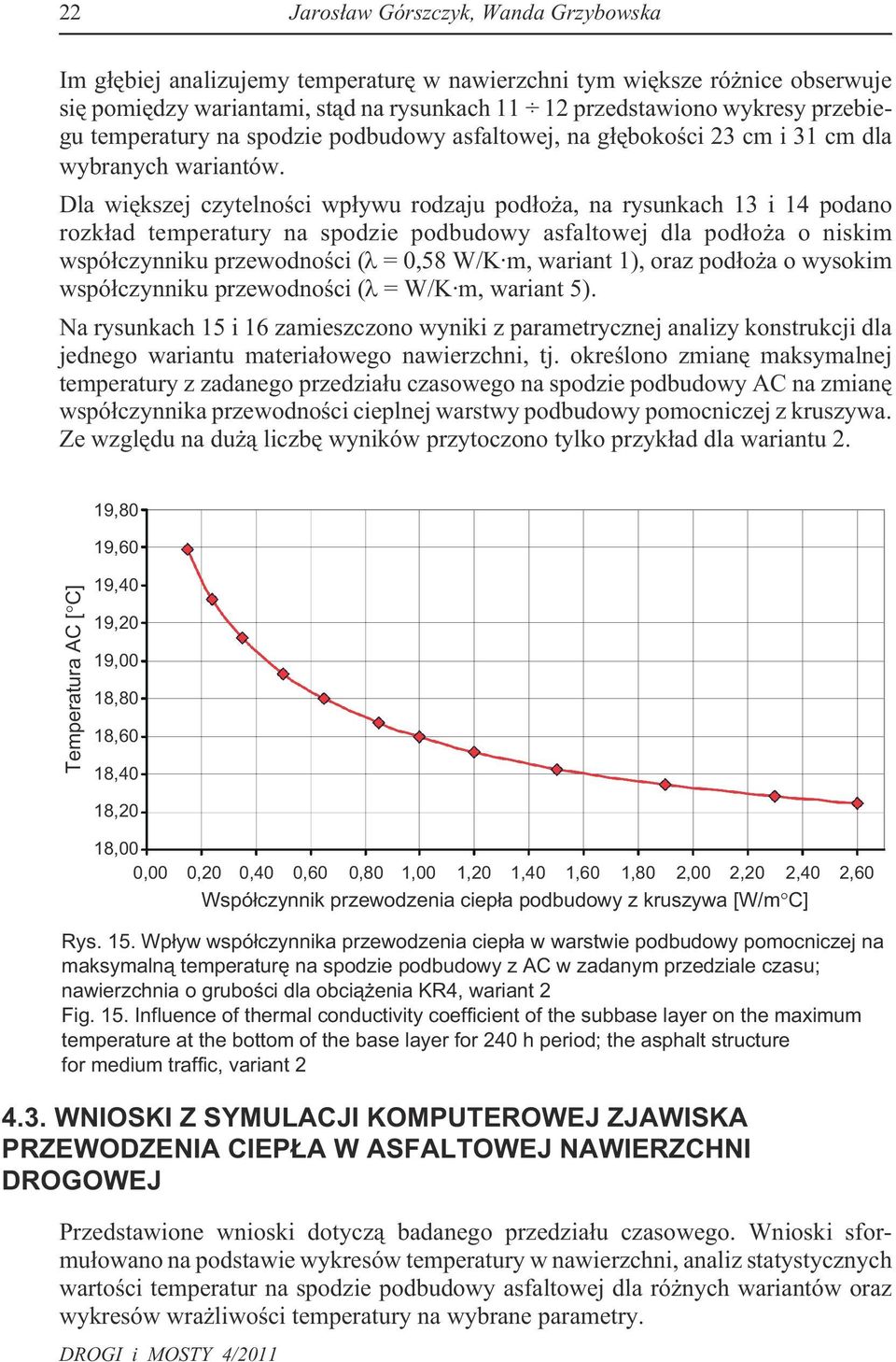 Dla wiêkszej czytelnoœci wp³ywu rodzaju pod³o a, na rysunkach 13 i 14 podano rozk³ad temperatury na spodzie podbudowy asfaltowej dla pod³o a o niskim wspó³czynniku przewodnoœci ( = 0,58 W/K m,