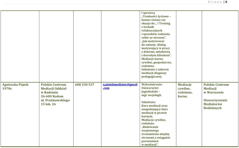 Szkolenie z zakresu mediacji diagnozy pedagogicznej. Agnieszka Piątek 1970r. Oddział 608 250 537 a.piatekmediator@gmail.