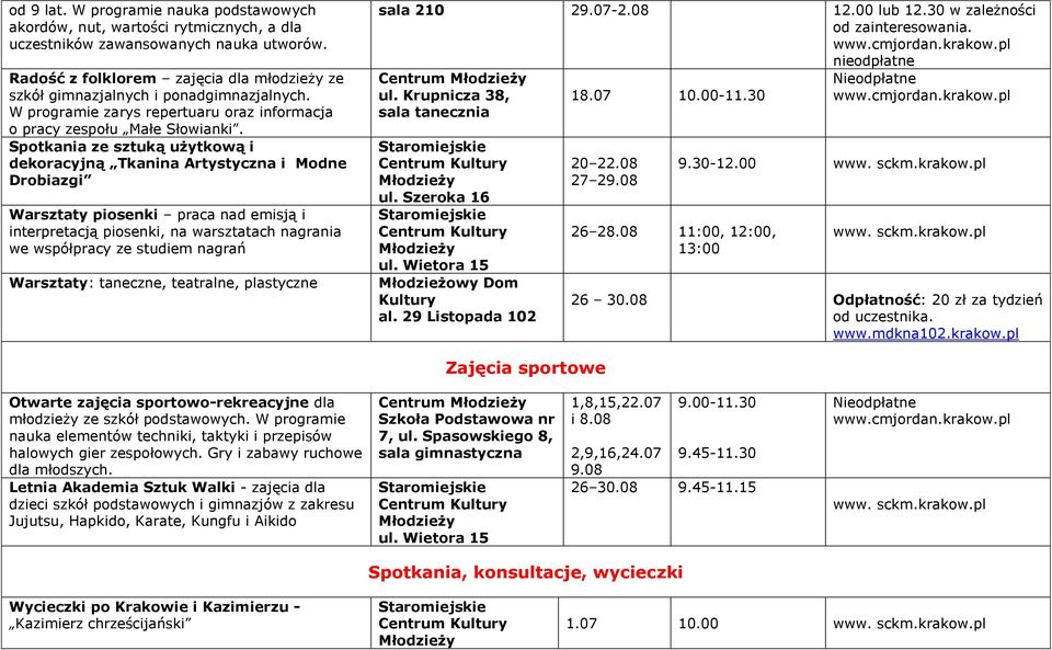 Spotkania ze sztuką użytkową i dekoracyjną Tkanina Artystyczna i Modne Drobiazgi Warsztaty piosenki praca nad emisją i interpretacją piosenki, na warsztatach nagrania we współpracy ze studiem nagrań