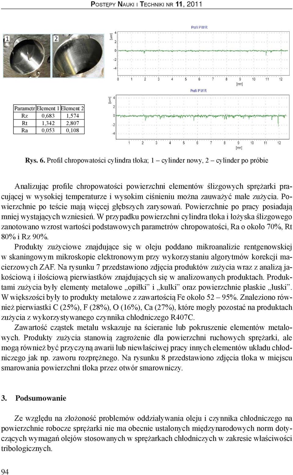 ciśnieniu można zauważyć małe zużycia. Powierzchnie po teście mają więcej głębszych zarysowań. Powierzchnie po pracy posiadają mniej wystających wzniesień.