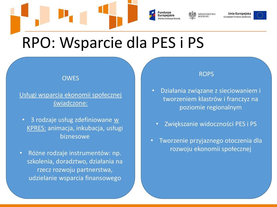 szkolenia, doradztwo, działania na rzecz rozwoju partnerstwa, udzielanie wsparcia finansowego ROPS Działania związane