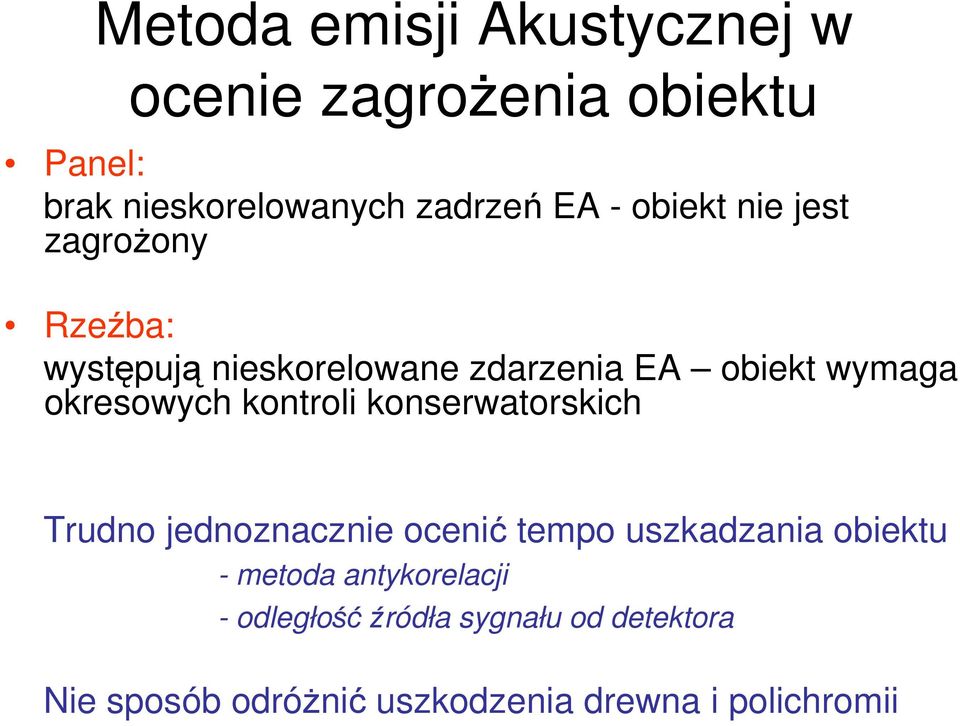 kontroli konserwatorskich Trudno jednoznacznie ocenić tempo uszkadzania obiektu - metoda