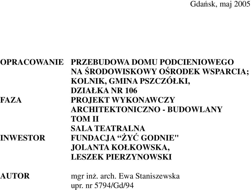WYKONAWCZY ARCHITEKTONICZNO - BUDOWLANY TOM II SALA TEATRALNA FUNDACJA ŻYĆ GODNIE"