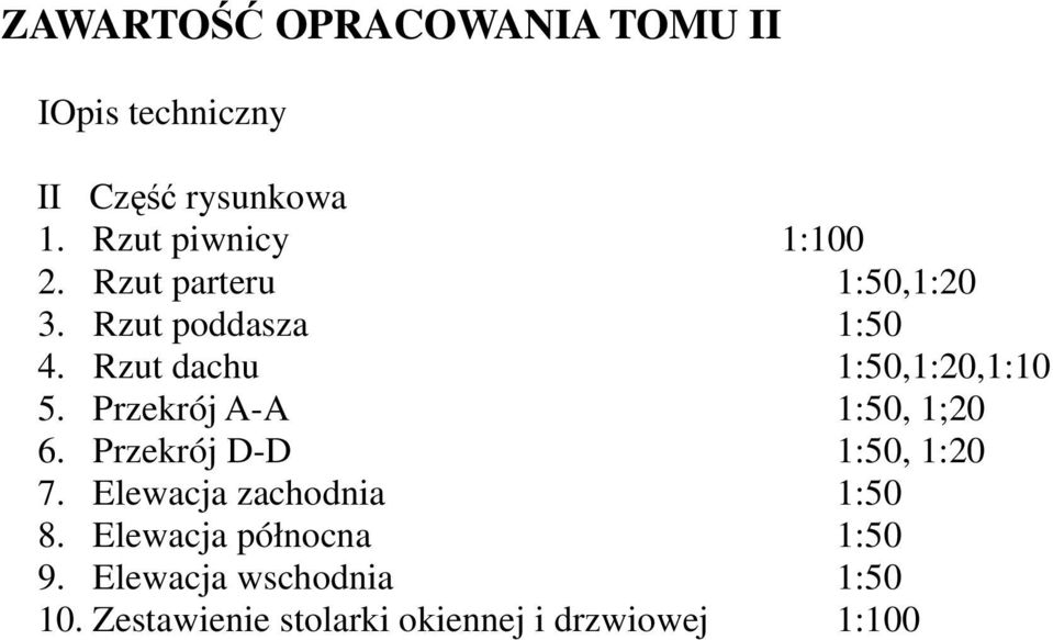 Rzut dachu 1:50,1:20,1:10 5. Przekrój A-A 1:50, 1;20 6. Przekrój D-D 1:50, 1:20 7.
