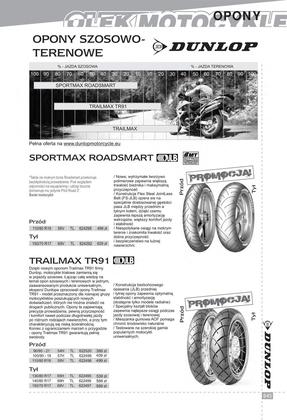 Świat motocykli 110/80 R19 59V 624298 499 zł 150/70 R17 69V 624292 629 zł / Nowe, wytrzymałe tworzywo polimerowe zapewnia większą trwałość bieżnika i maksymalną przyczepność / Konstrukcja Flex Steel