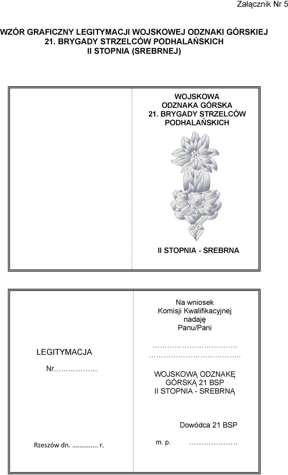 BRYGADY STRZELCÓW PODHALAŃSKICH II STOPNIA - SREBRNA Na wniosek Komisji
