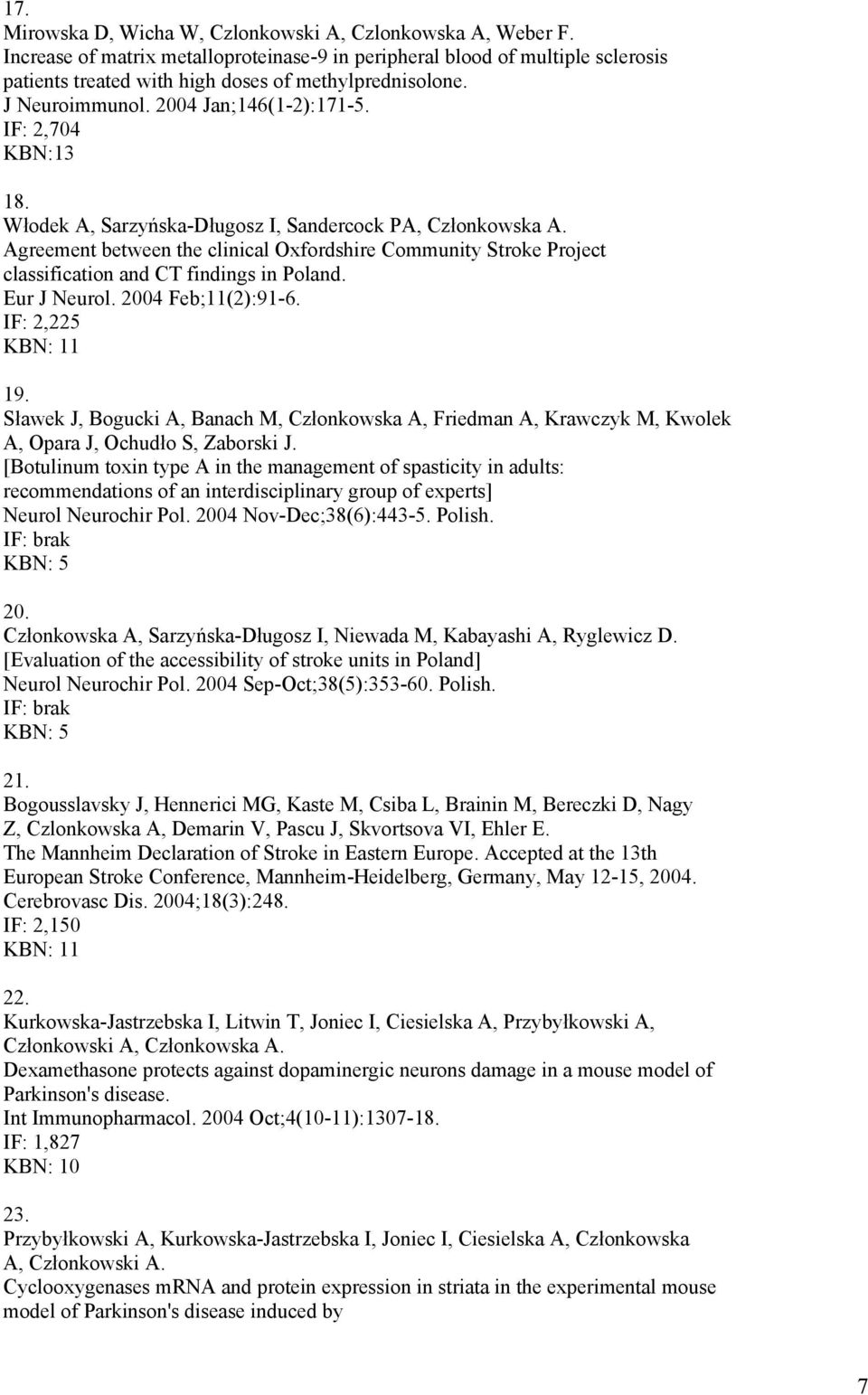 Agreement between the clinical Oxfordshire Community Stroke Project classification and CT findings in Poland. Eur J Neurol. 2004 Feb;11(2):91-6. IF: 2,225 KBN: 11 19.