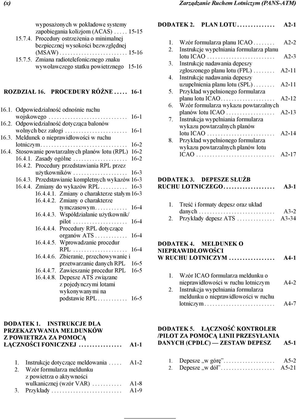 Odpowiedzialność dotycząca balonów wolnych bez załogi... 16-1 16.3. Meldunek o nieprawidłowości w ruchu lotniczym... 16-2 16.4. Stosowanie powtarzalnych planów lotu (RPL) 16-2 16.4.1. Zasady ogólne.