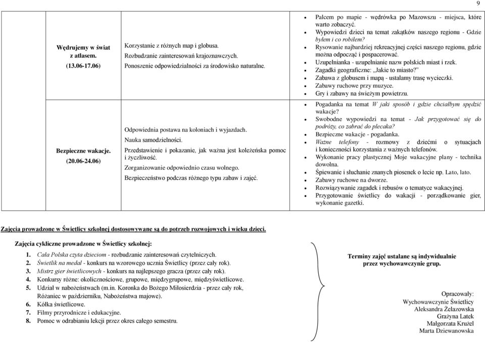 Zorganizowanie odpowiednio czasu wolnego. Bezpieczeństwo podczas różnego typu zabaw i zajęć. Palcem po mapie - wędrówka po Mazowszu - miejsca, które warto zobaczyć.