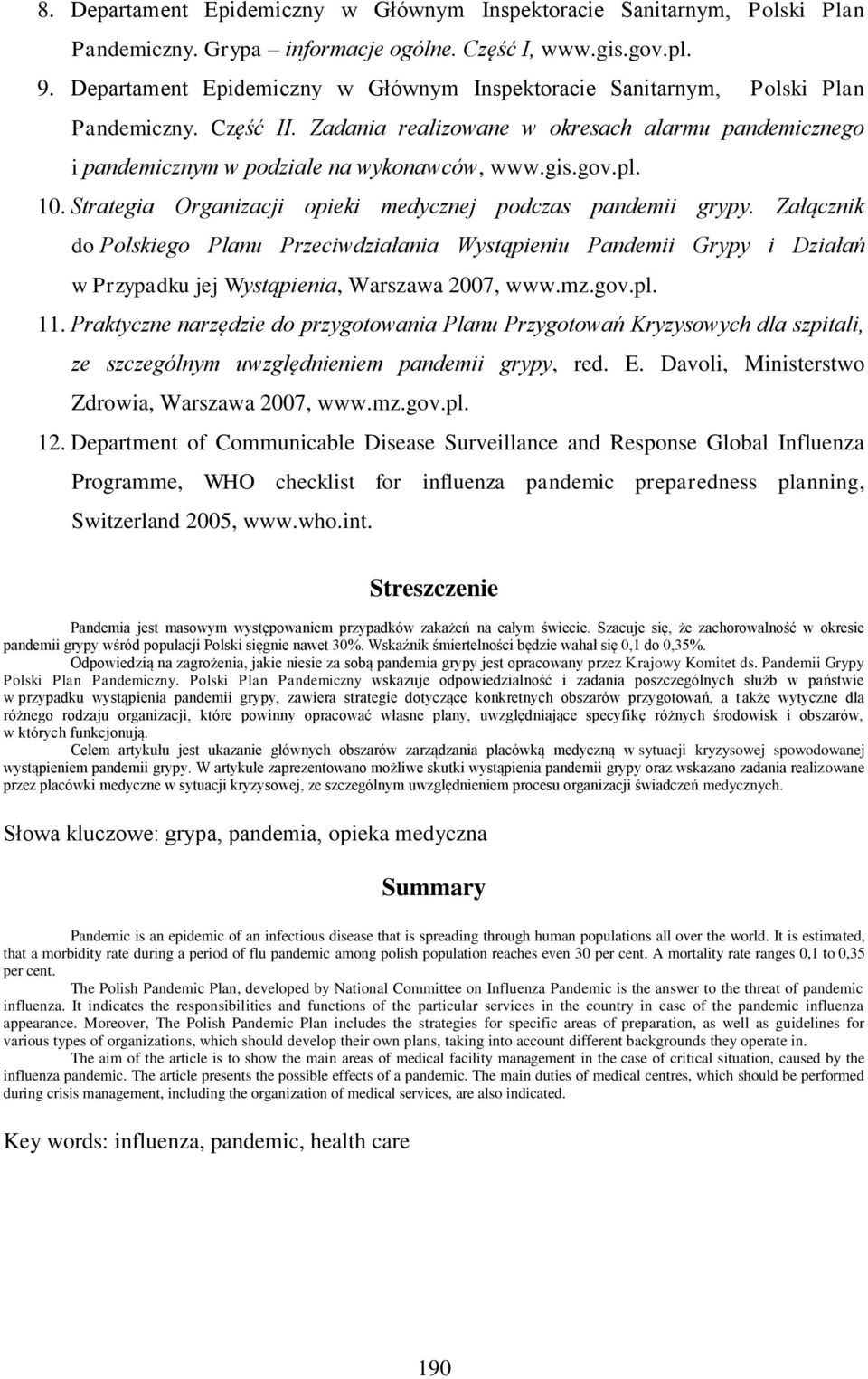 pl. 10. Strategia Organizacji opieki medycznej podczas pandemii grypy.
