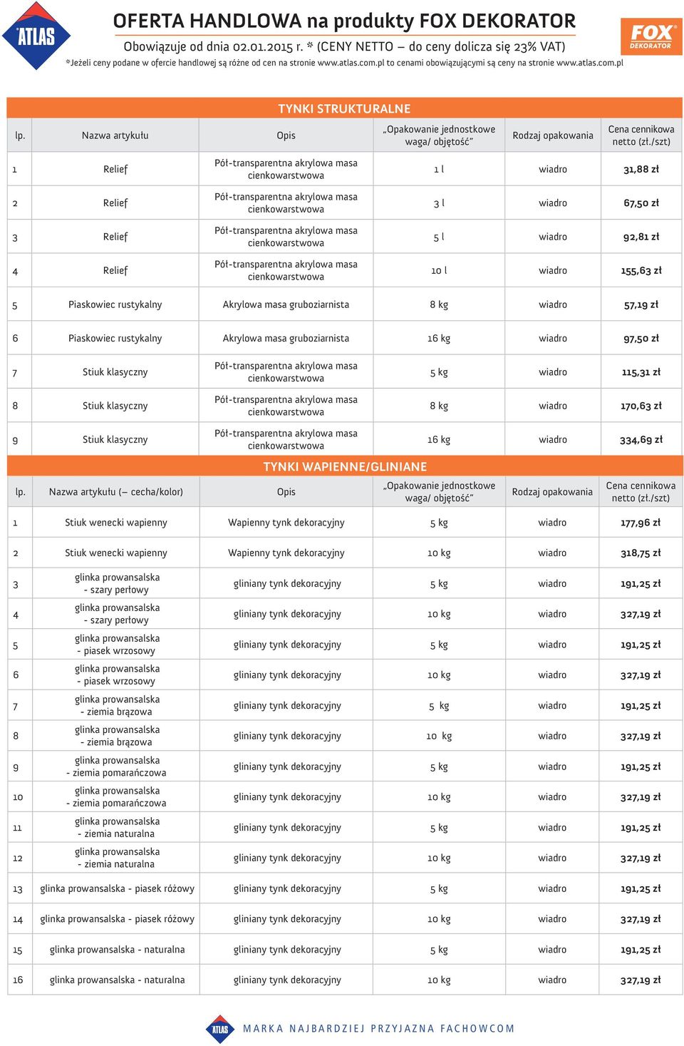 Nazwa artykułu Opis 1 Relief 2 Relief 3 Relief 4 Relief 1 l wiadro 31,88 zł 3 l wiadro 67,50 zł 5 l wiadro 92,81 zł 10 l wiadro 155,63 zł 5 Piaskowiec rustykalny Akrylowa masa gruboziarnista 8 kg