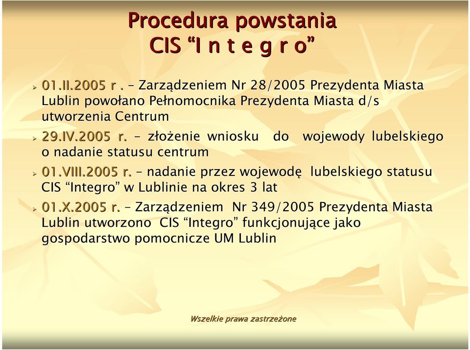 2005 r. złoŝenie wniosku do wojewody lubelskiego o nadanie statusu centrum 01.VIII.2005 r. nadanie przez wojewodę lubelskiego statusu CIS Integro w Lublinie na okres 3 lat 01.
