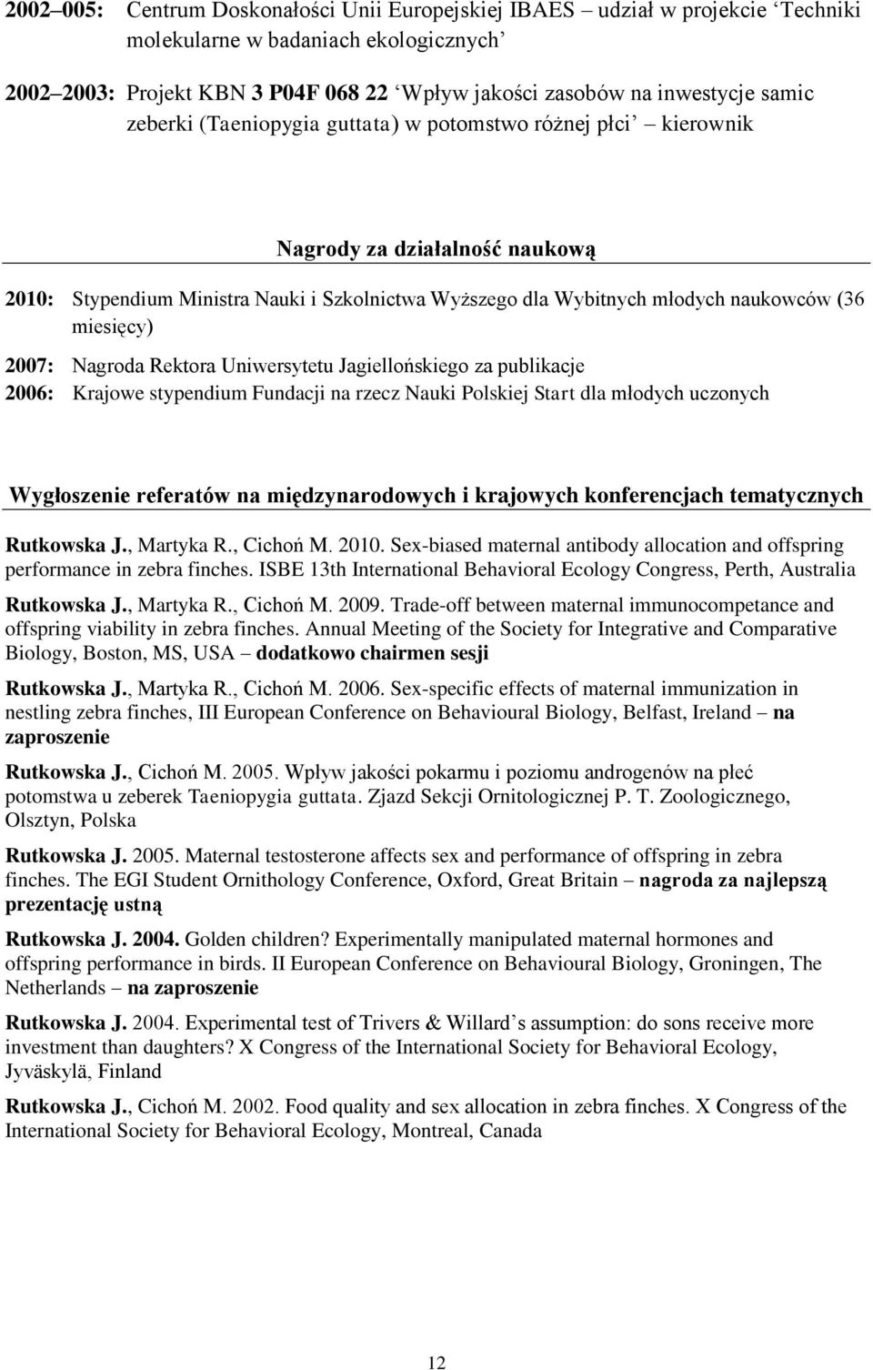 2007: Nagroda Rektora Uniwersytetu Jagiellońskiego za publikacje 2006: Krajowe stypendium Fundacji na rzecz Nauki Polskiej Start dla młodych uczonych Wygłoszenie referatów na międzynarodowych i