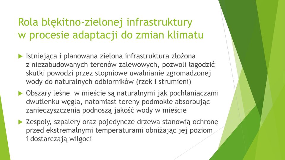 i strumieni) Obszary leśne w mieście są naturalnymi jak pochłaniaczami dwutlenku węgla, natomiast tereny podmokłe absorbując zanieczyszczenia