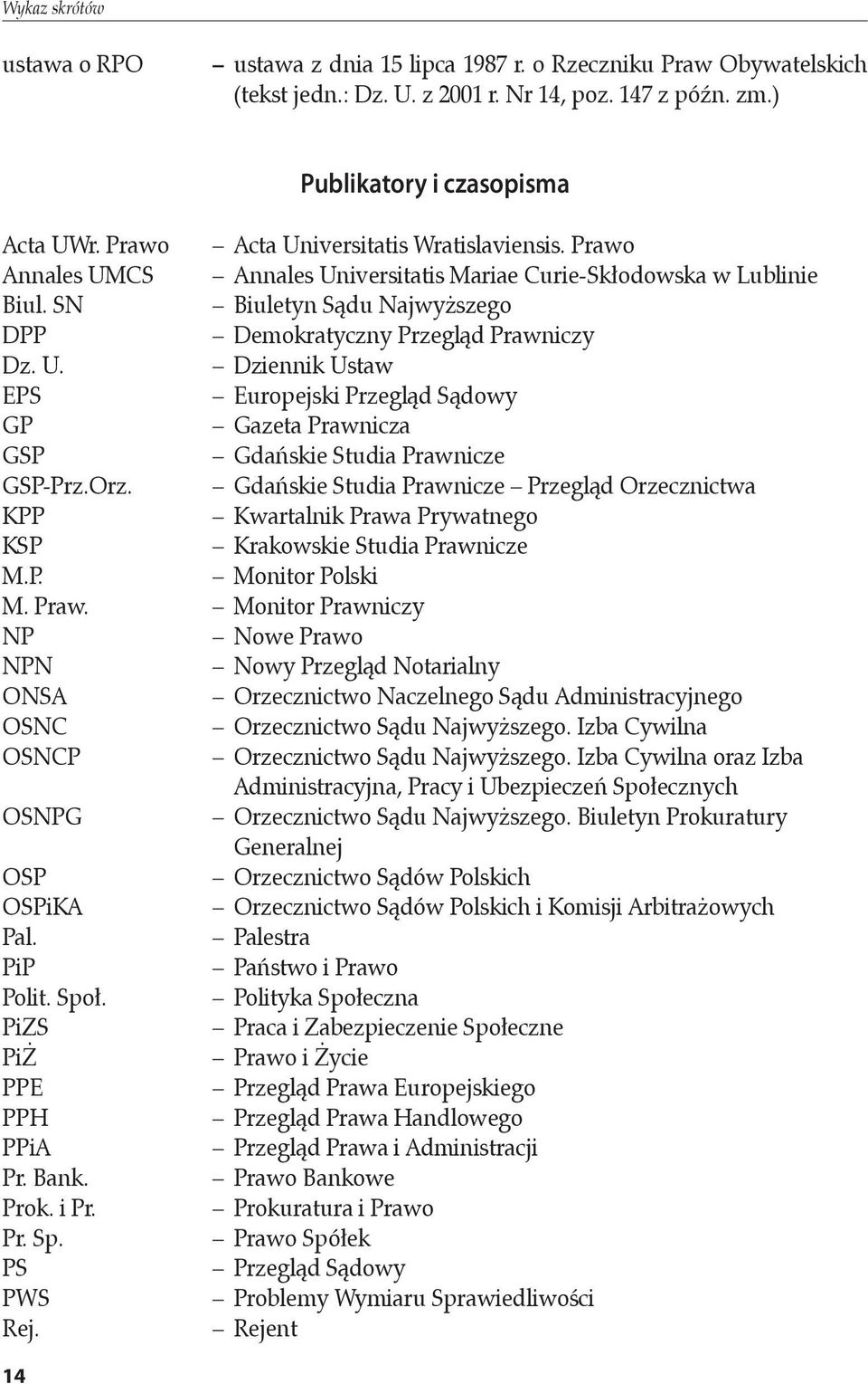 Orz. Gdańskie Studia Prawnicze Przegląd Orzecznictwa KPP Kwartalnik Prawa Prywatnego KSP Krakowskie Studia Prawnicze M.P. Monitor Polski M. Praw. Monitor Prawniczy NP Nowe Prawo NPN Nowy Przegląd Notarialny ONSA Orzecznictwo Naczelnego Sądu Administracyjnego OSNC Orzecznictwo Sądu Najwyższego.