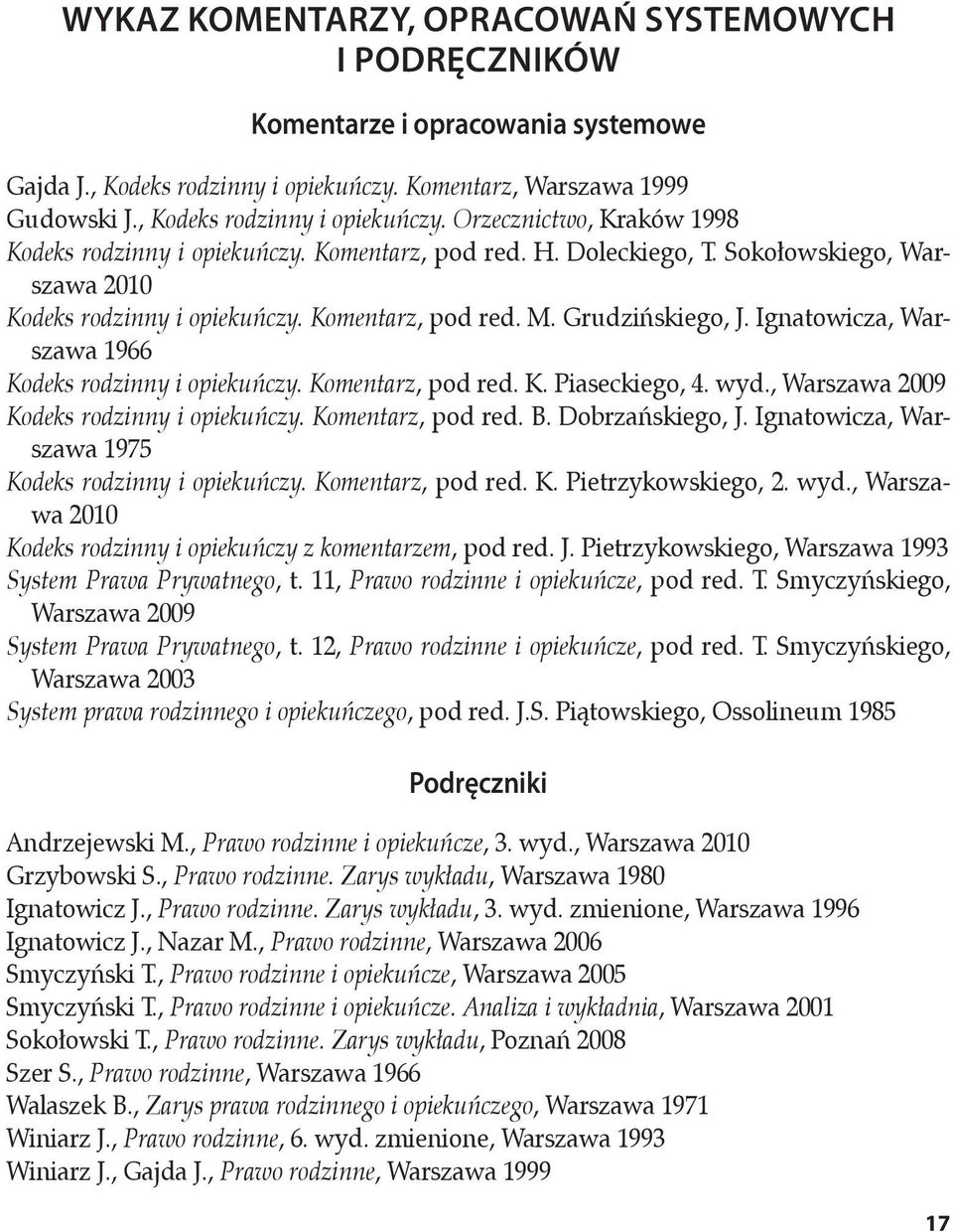 Komentarz, pod red. K. Piaseckiego, 4. wyd., Warszawa 2009 Kodeks rodzinny i opiekuńczy. Komentarz, pod red. B. Dobrzańskiego, J. Ignatowicza, Warszawa 1975 Kodeks rodzinny i opiekuńczy.