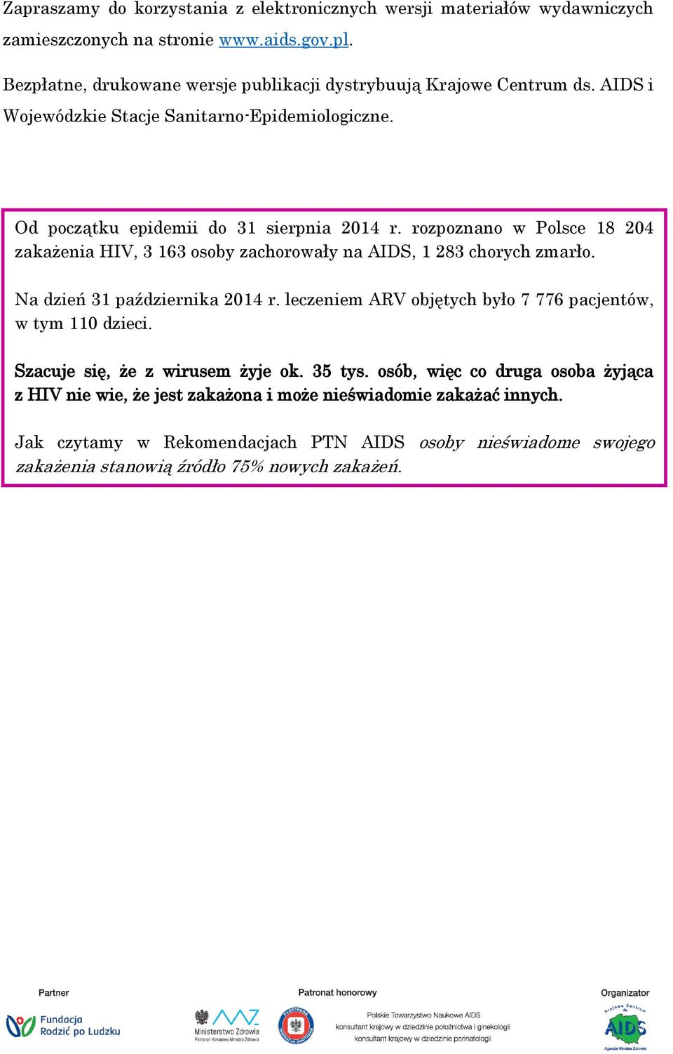 rozpoznano w Polsce 18 204 zakażenia HIV, 3 163 osoby zachorowały na AIDS, 1 283 chorych zmarło. Na dzień 31 października 2014 r.