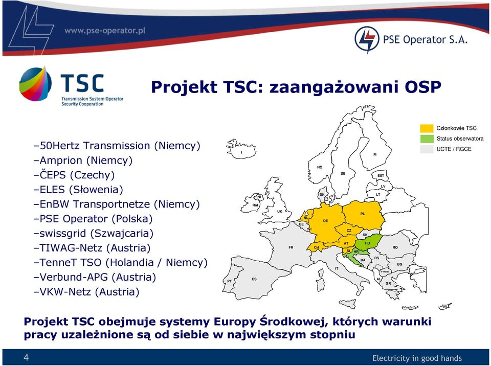 TIWAG-Netz (Austria) FR CH AT SI HR HU RO TenneT TSO (Holandia / Niemcy) Verbund-APG (Austria) VKW-Netz (Austria) PT ES IT BA RS ME FYROM AL GR