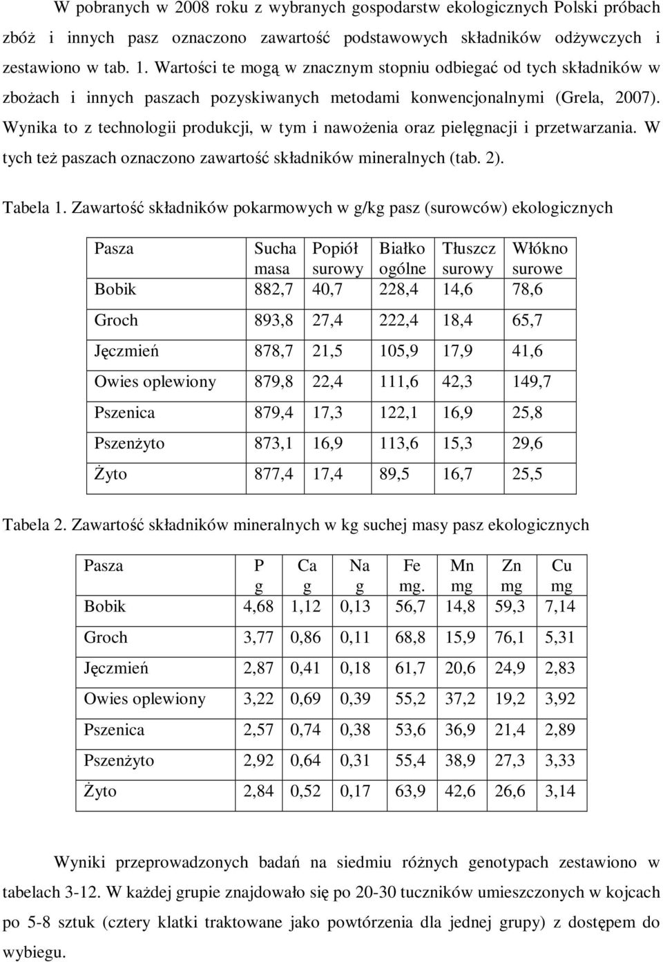 Wynika to z technologii produkcji, w tym i nawoŝenia oraz pielęgnacji i przetwarzania. W tych teŝ paszach oznaczono zawartość składników mineralnych (tab. 2). Tabela 1.