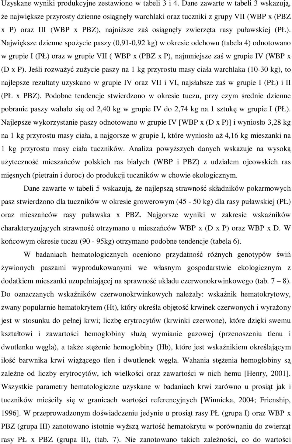 Największe dzienne spoŝycie paszy (0,91-0,92 kg) w okresie odchowu (tabela 4) odnotowano w grupie I (PŁ) oraz w grupie VII ( (PBZ x P), najmniejsze zaś w grupie IV ( (D x P).