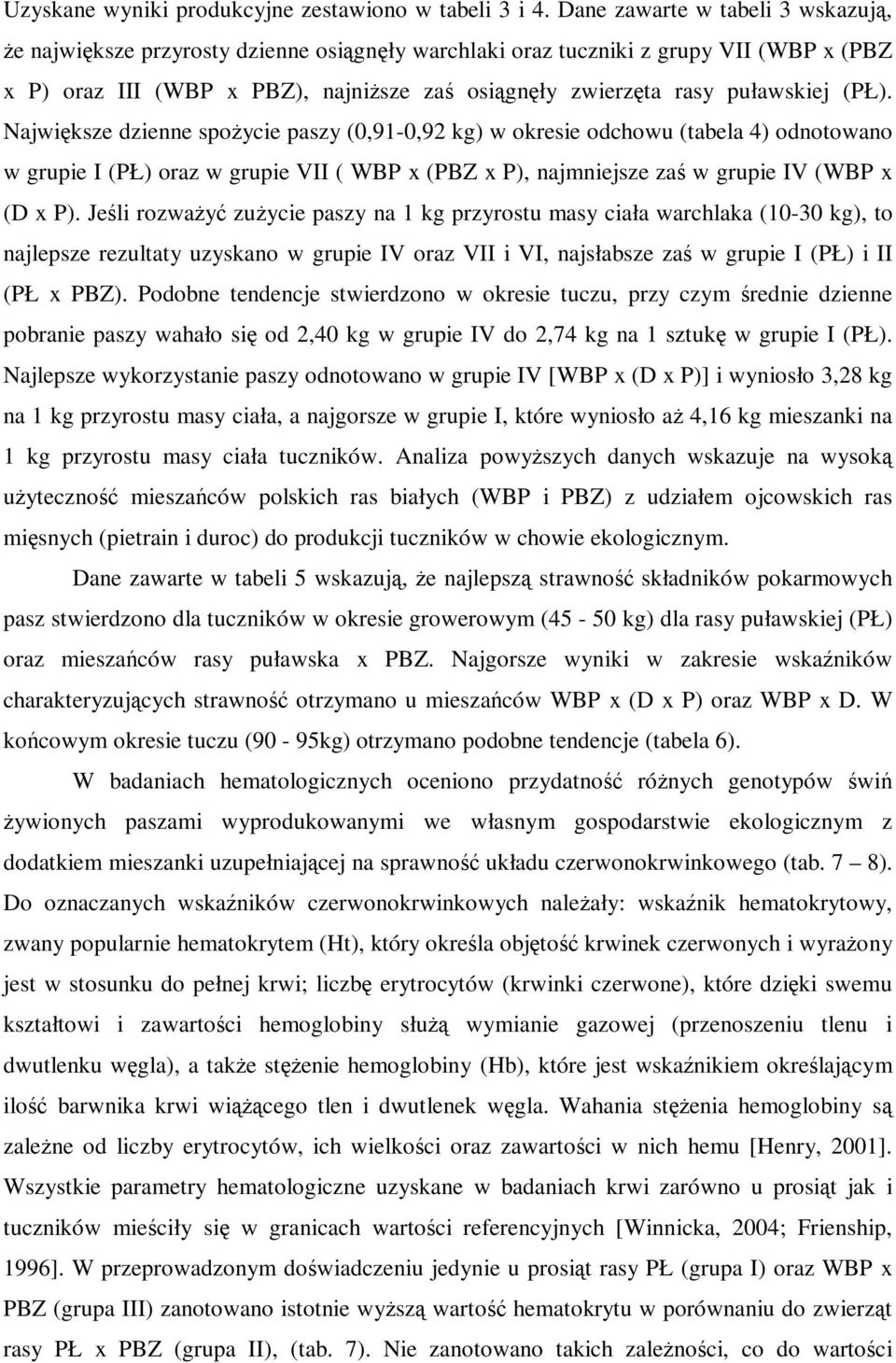 Największe dzienne spoŝycie paszy (0,91-0,92 kg) w okresie odchowu (tabela 4) odnotowano w grupie I (PŁ) oraz w grupie VII ( (PBZ x P), najmniejsze zaś w grupie IV ( (D x P).