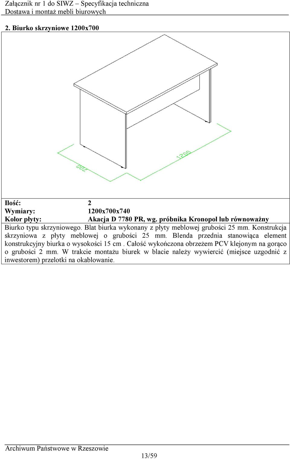 Konstrukcja skrzyniowa z płyty meblowej o grubości 25 mm.