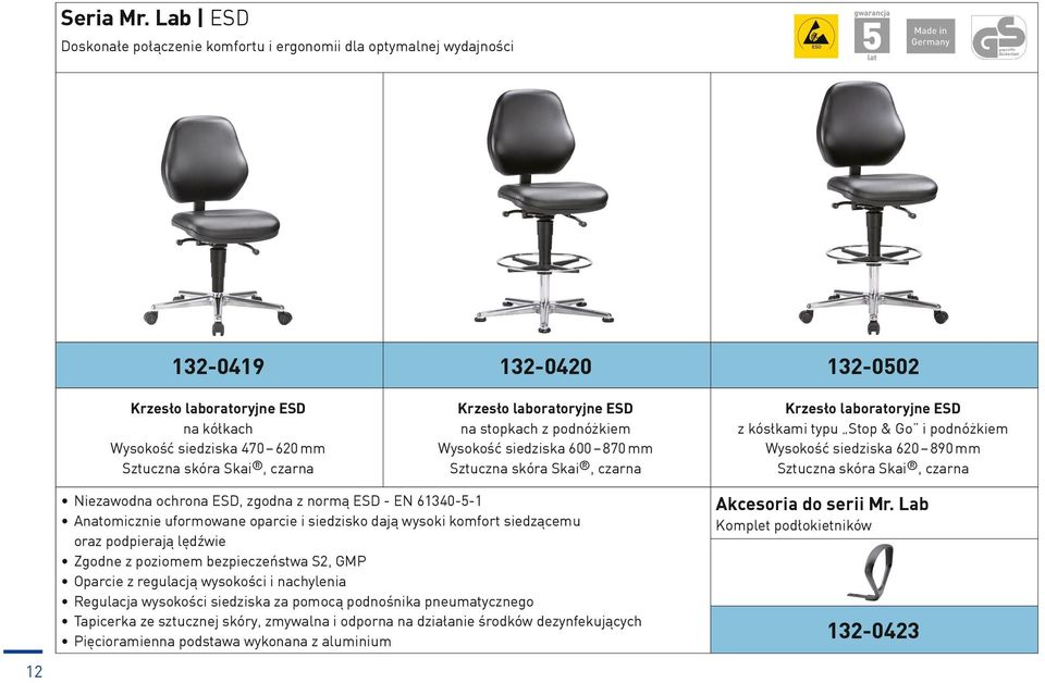mm ESD z kósłkami typu Stop & Go i podnóżkiem Wysokość siedziska 620 890 mm Niezawodna ochrona ESD, zgodna z normą ESD - EN 61340-5-1 Anatomicznie uformowane oparcie i siedzisko dają wysoki