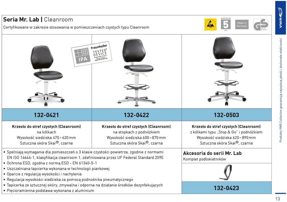 mm Krzesło do stref czystych (Cleanroom) z kółkami typu Stop & Go i podnóżkiem Wysokość siedziska 620 890 mm Spełniają wymagania dla pomieszczeń o 3 klasie czystości powietrza, zgodnie z normami EN