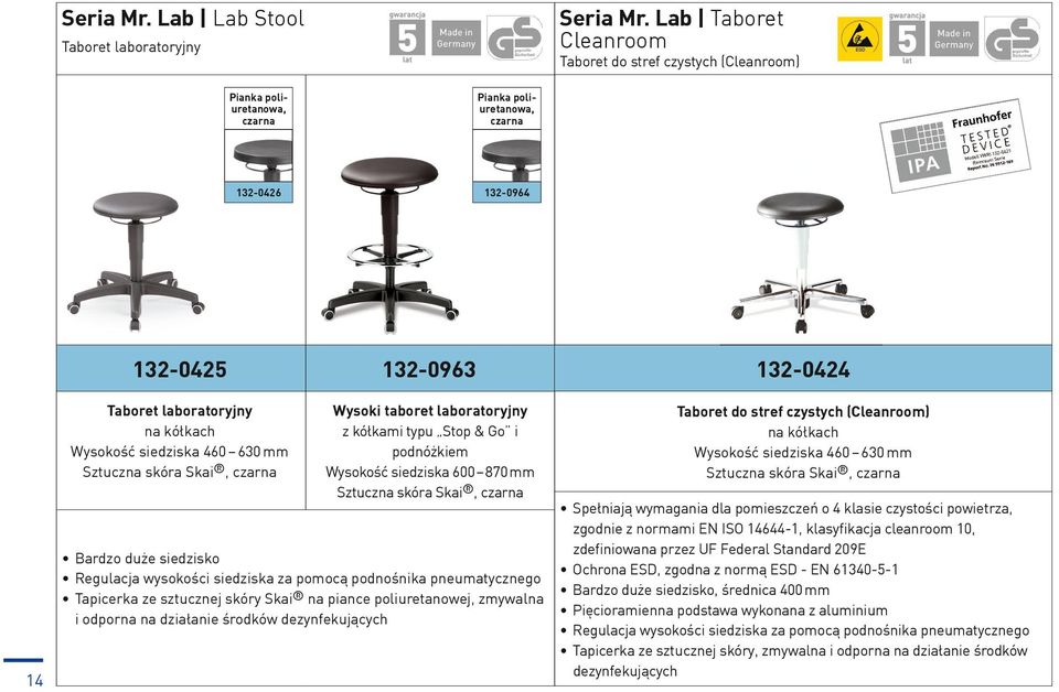 laboratoryjny Wysokość siedziska 460 630 mm Wysoki taboret laboratoryjny z kółkami typu Stop & Go i podnóżkiem Wysokość siedziska 600 870 mm Taboret do stref czystych (Cleanroom) Wysokość siedziska