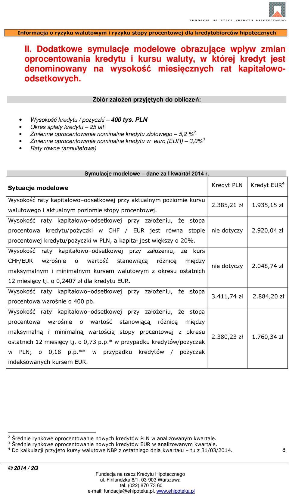 PLN Okres spłaty kredytu 25 lat Zmienne oprocentowanie nominalne kredytu złotowego 5,2 % 2 Zmienne oprocentowanie nominalne kredytu w euro (EUR) 3,0% 3 Raty równe (annuitetowe) Symulacje modelowe