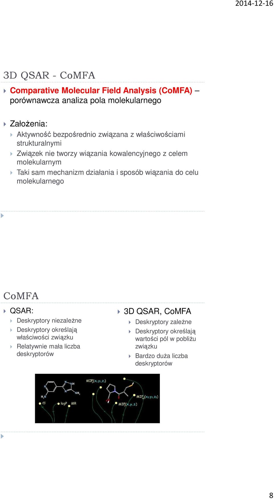 sposób wiązania do celu molekularnego CoMFA QSAR: Deskryptory niezaleŝne Deskryptory określają właściwości związku Relatywnie mała