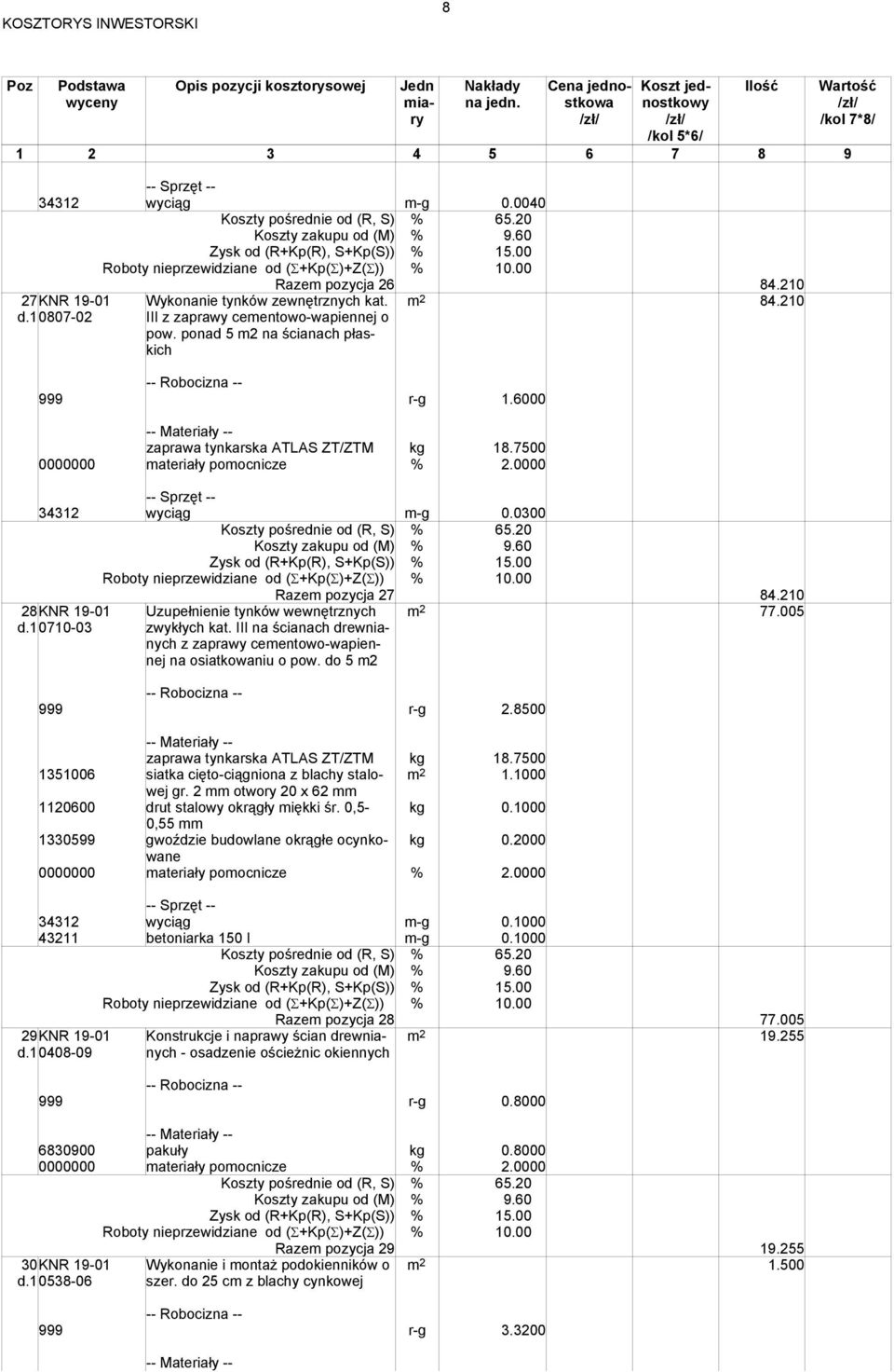 III na ścianach drewnianych z zaprawy cementowo-wapiennej na osiatkowaniu o pow. do 5 m2 Razem pozycja 27 84.210 m 2 77.005 999 r-g 2.8500 zaprawa tynkarska ATLAS ZT/ZTM kg 18.