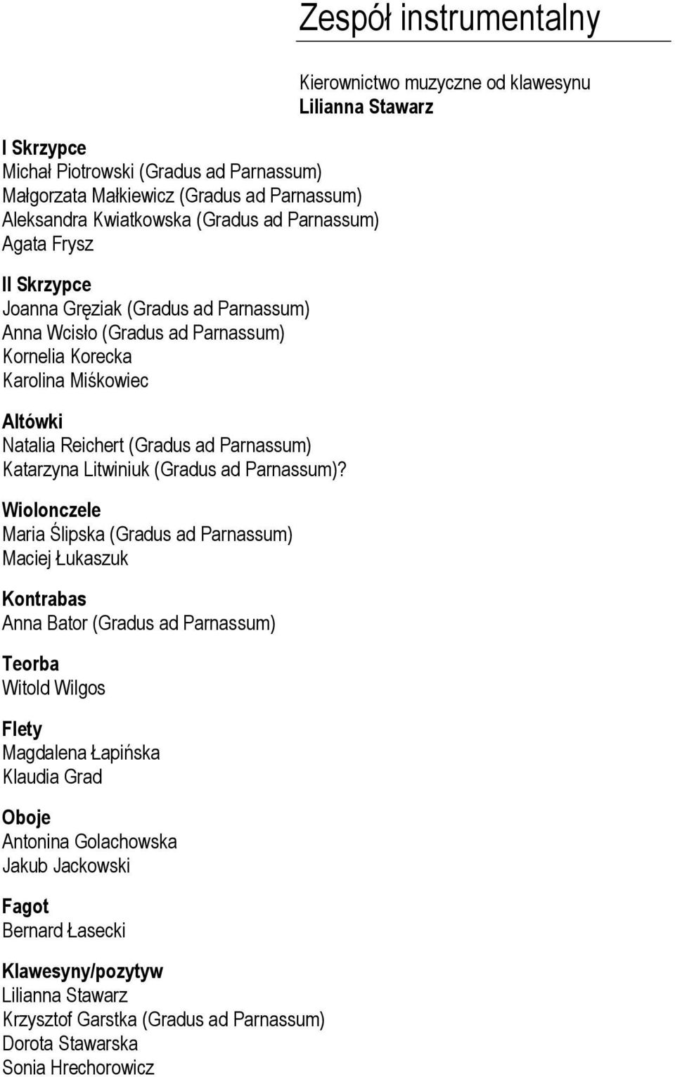 Wiolonczele Maria Ślipska (Gradus ad Parnassum) Maciej Łukaszuk Kontrabas Anna Bator (Gradus ad Parnassum) Teorba Witold Wilgos Flety Magdalena Łapińska Klaudia Grad Oboje Antonina Golachowska