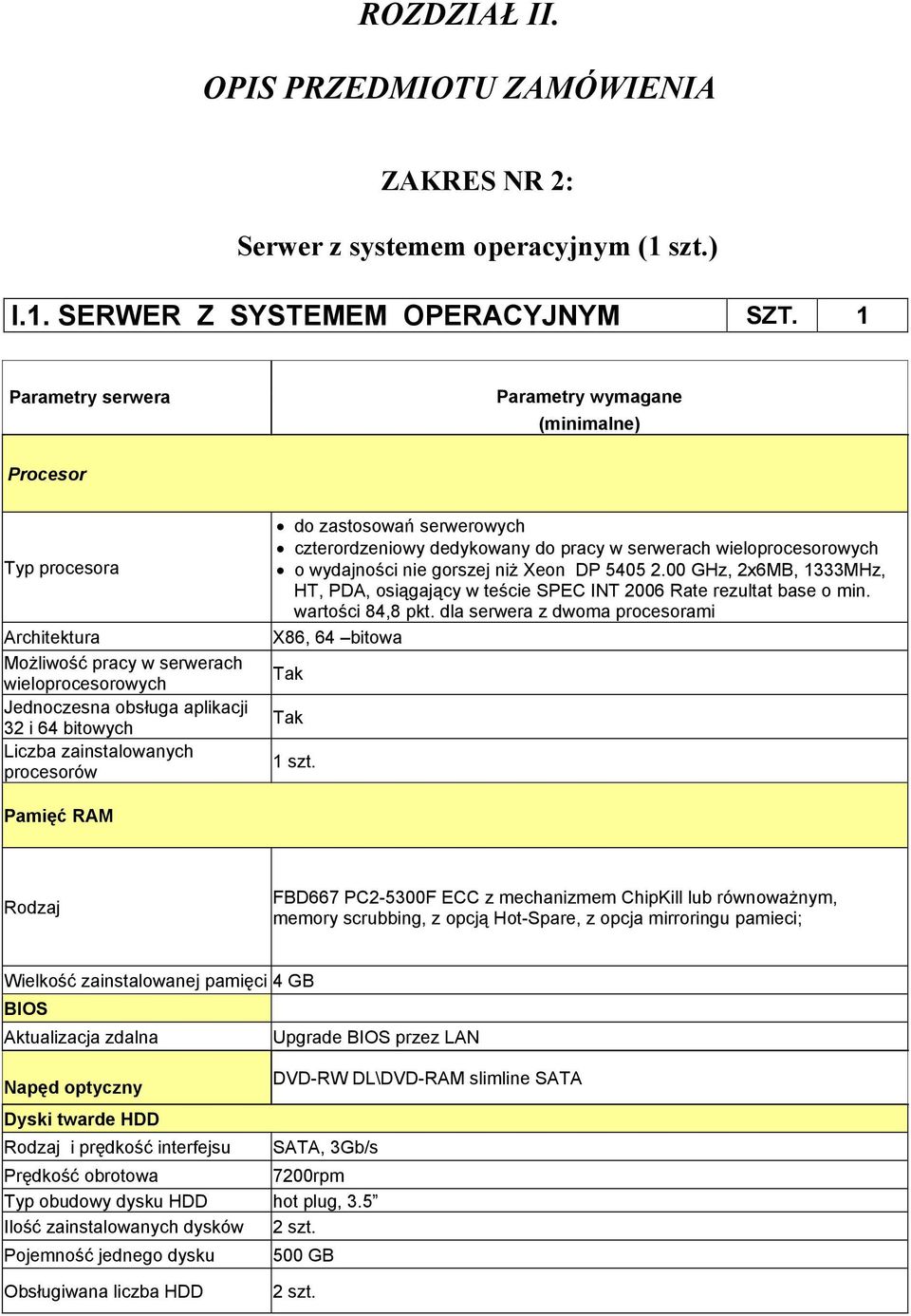 zainstalowanych procesorów do zastosowań serwerowych czterordzeniowy dedykowany do pracy w serwerach wieloprocesorowych o wydajności nie gorszej niż Xeon DP 5405 2.