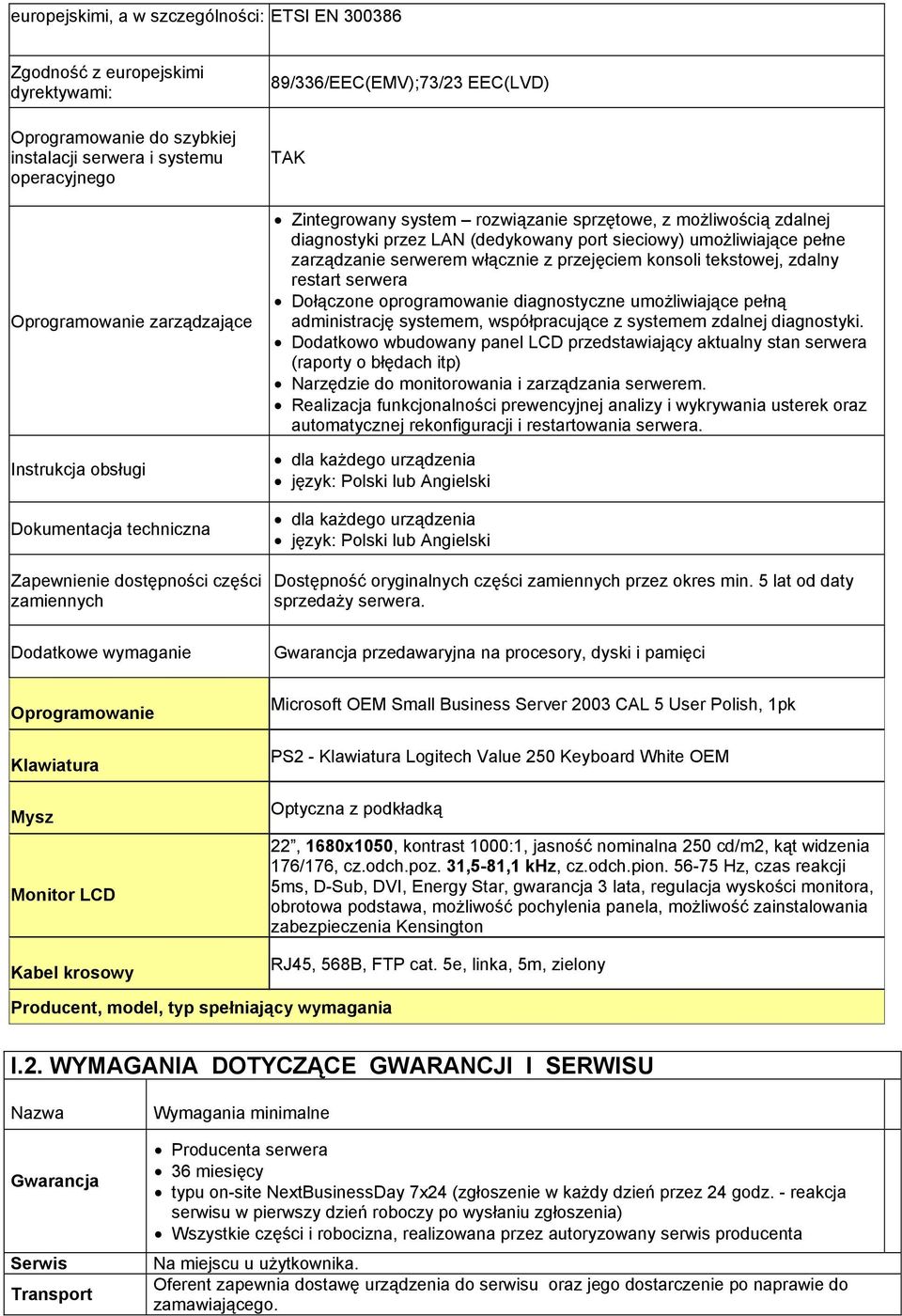 (dedykowany port sieciowy) umożliwiające pełne zarządzanie serwerem włącznie z przejęciem konsoli tekstowej, zdalny restart serwera Dołączone oprogramowanie diagnostyczne umożliwiające pełną