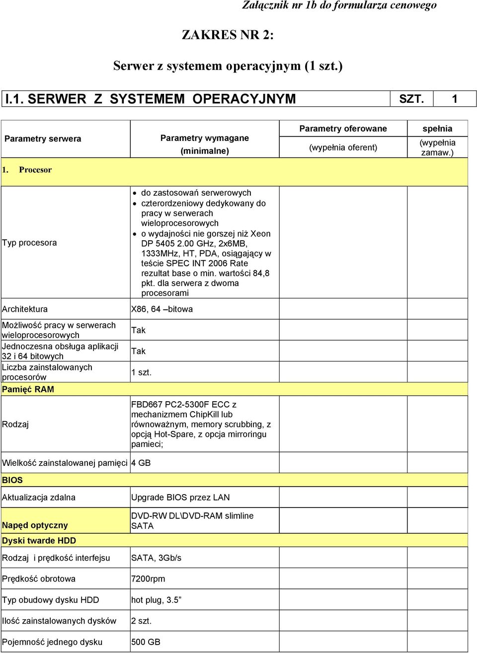 Procesor Typ procesora do zastosowań serwerowych czterordzeniowy dedykowany do pracy w serwerach wieloprocesorowych o wydajności nie gorszej niż Xeon DP 5405 2.
