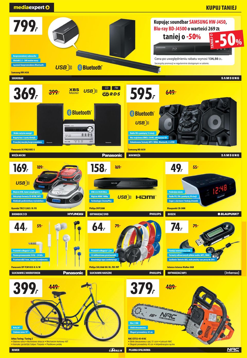 Samsung HW-J450 SOUNDBR 369, 399, XBS Master CD FM 595, 649, Niskie zużycie energii Radio FM z pamięcią 15 stacji Bogaty bas i czysty dźwięk Moc wyjściowa (RMS): 230 W, odtwarzacz CD Przesyłaj muzykę