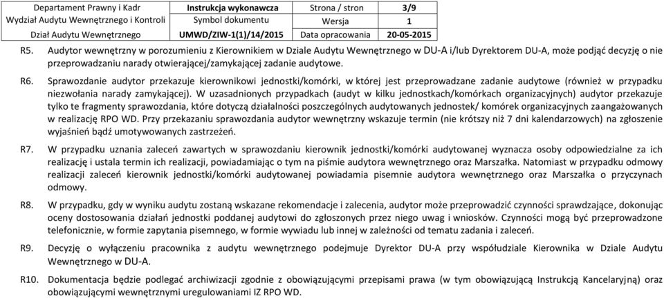 Sprawozdanie audytor przekazuje kierownikowi jednostki/komórki, w której jest przeprowadzane zadanie audytowe (również w przypadku niezwołania narady zamykającej).