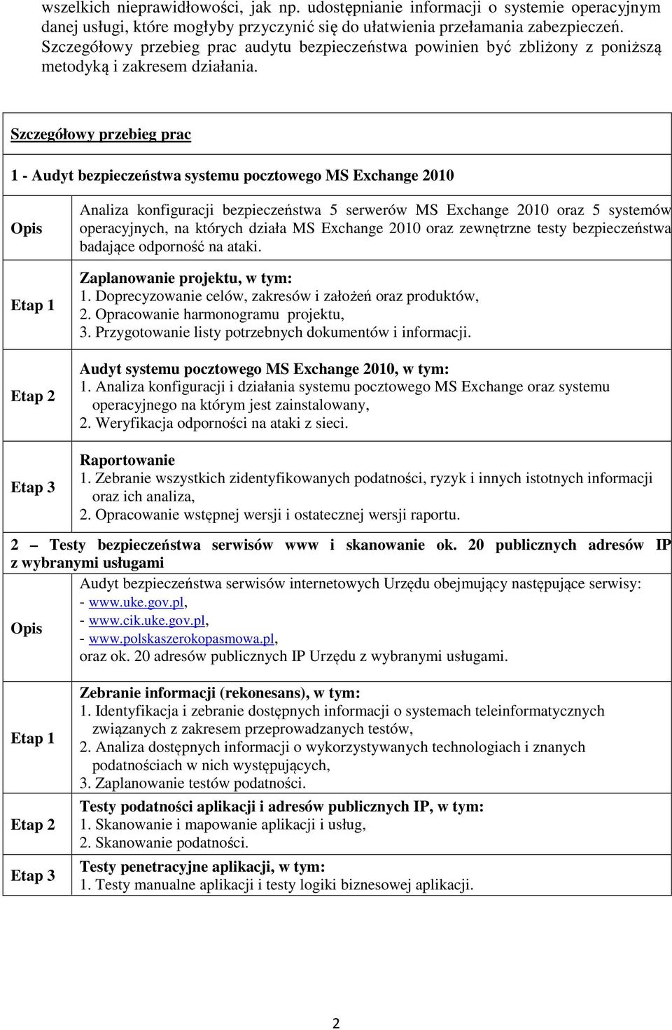 Szczegółowy przebieg prac 1 - Audyt bezpieczeństwa systemu pocztowego MS Exchange 2010 Opis Etap 1 Etap 2 Etap 3 Analiza konfiguracji bezpieczeństwa 5 serwerów MS Exchange 2010 oraz 5 systemów