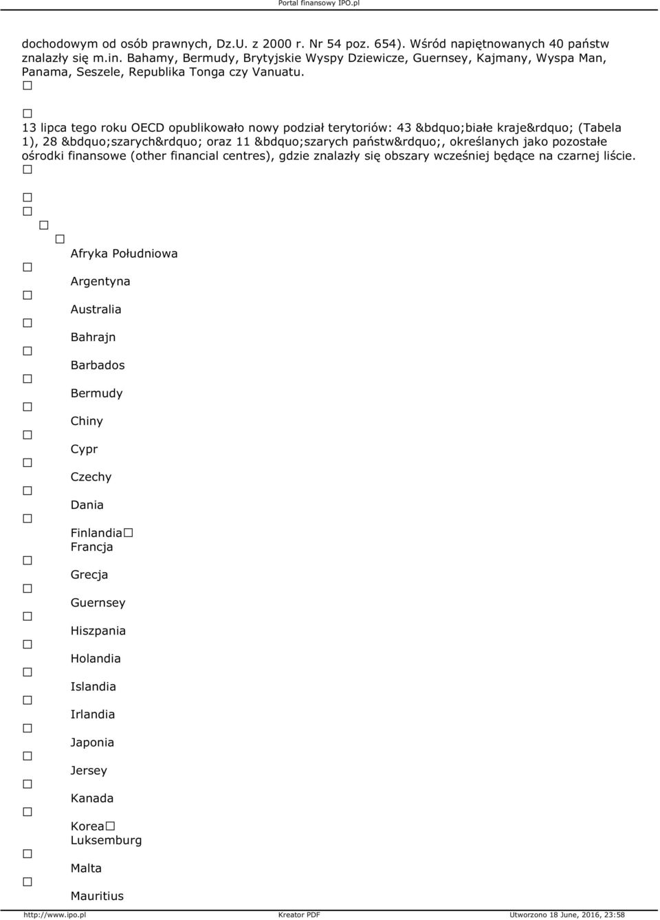 3 lipca tego roku OECD opublikowało nowy podział terytoriów: 43 białe kraje (Tabela ), 28 szarych oraz szarych państw, określanych jako pozostałe ośrodki finansowe (other financial