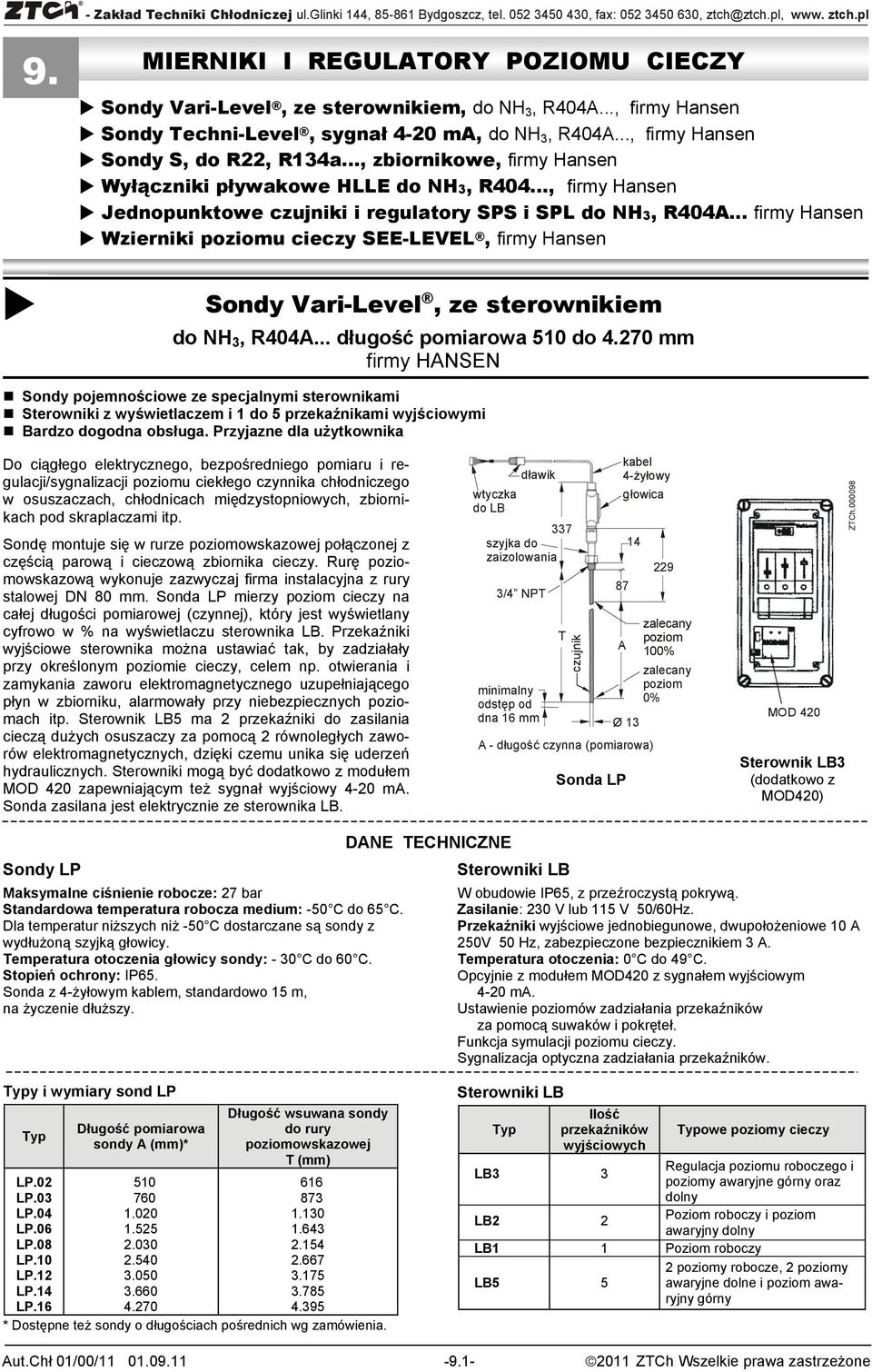 .. firmy Hansen Wzierniki poziomu cieczy SEE-LEVEL, firmy Hansen Sondy Vari-Level, ze sterownikiem do NH 3, R404A... długość pomiarowa 510 do 4.
