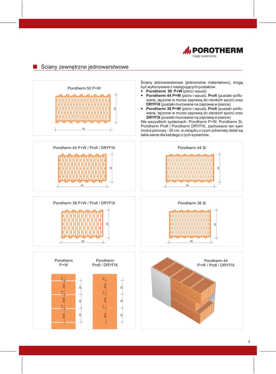 łączone w murze zaprawą do cienkich spoin) oraz DRYFIX (pustaki murowane na zaprawę w piance) We wszystkich systemach: Porotherm P+W, Porotherm Si, Porotherm Profi i Porotherm DRYFIX, zachowano ten