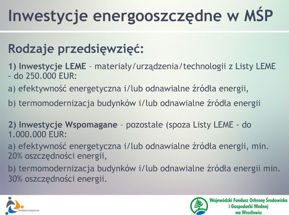 energii 2) Inwestycje Wspomagane pozostałe (spoza Listy LEME - do 1.000.