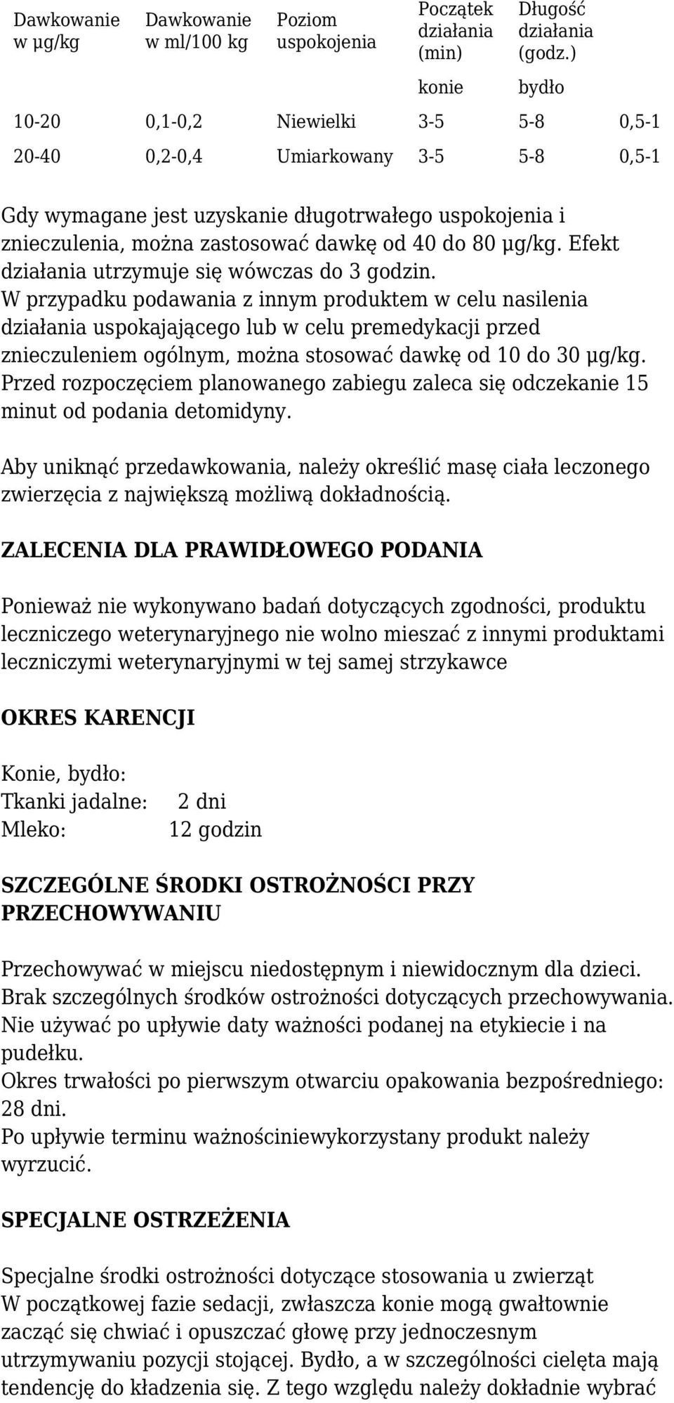 μg/kg. Efekt działania utrzymuje się wówczas do 3 godzin.