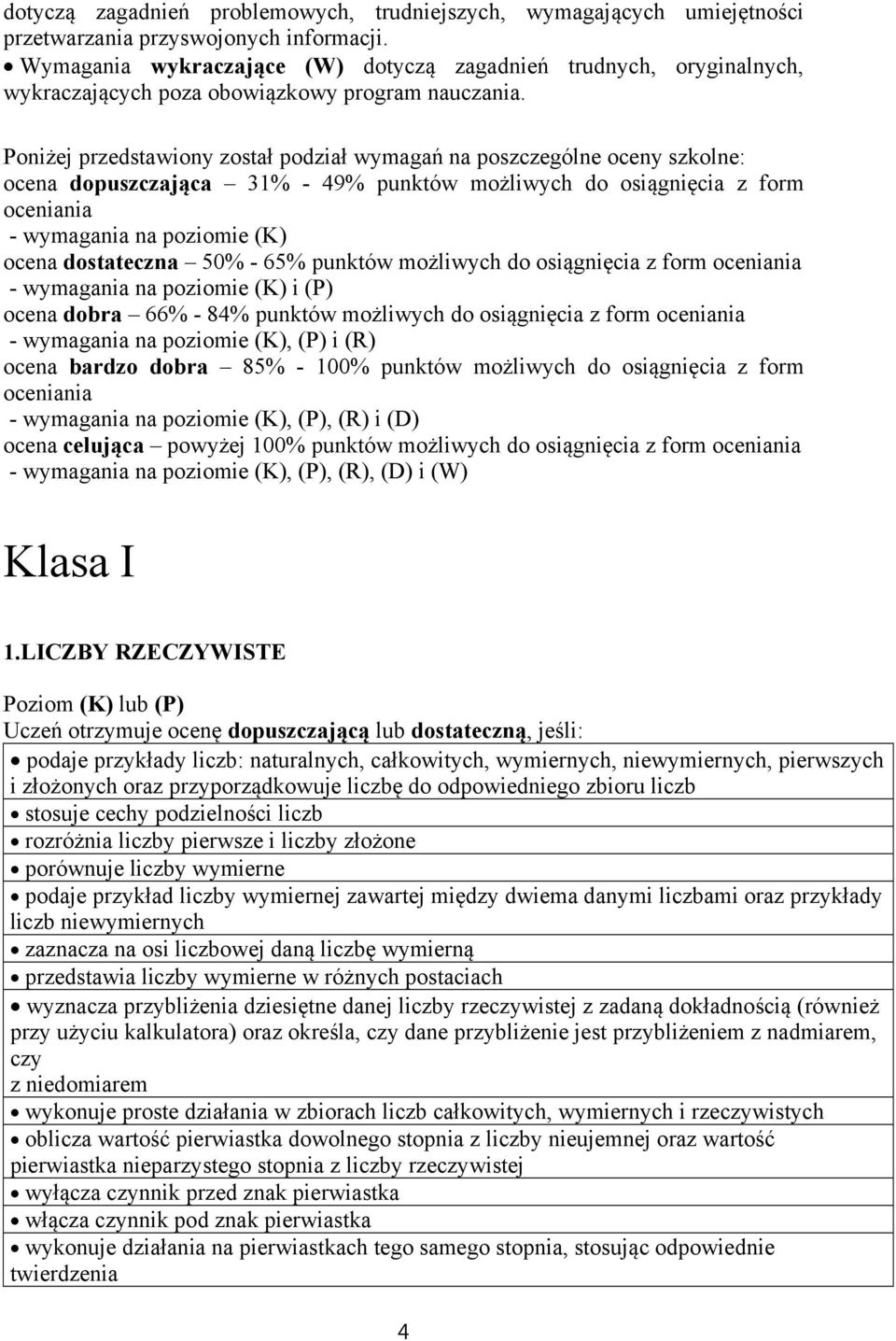 Poniżej przedstawiony został podział wymagań na poszczególne oceny szkolne: ocena dopuszczająca 31% - 49% punktów możliwych do osiągnięcia z form oceniania - wymagania na poziomie (K) ocena