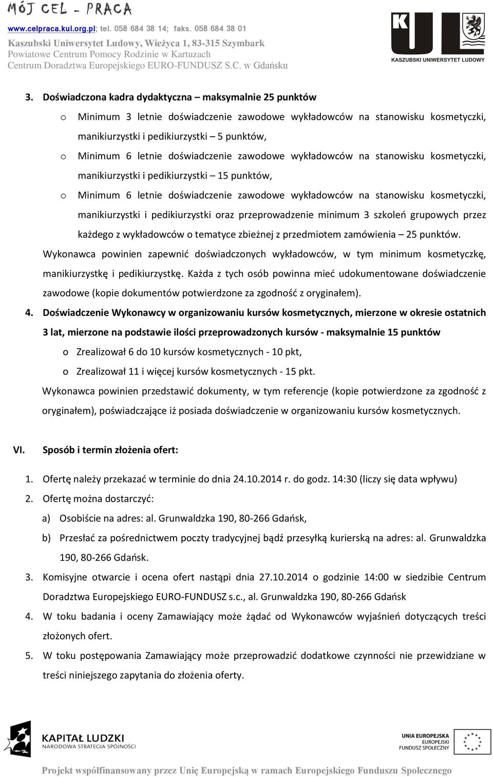manikiurzystki i pedikiurzystki oraz przeprowadzenie minimum 3 szkoleń grupowych przez każdego z wykładowców o tematyce zbieżnej z przedmiotem zamówienia 25 punktów.