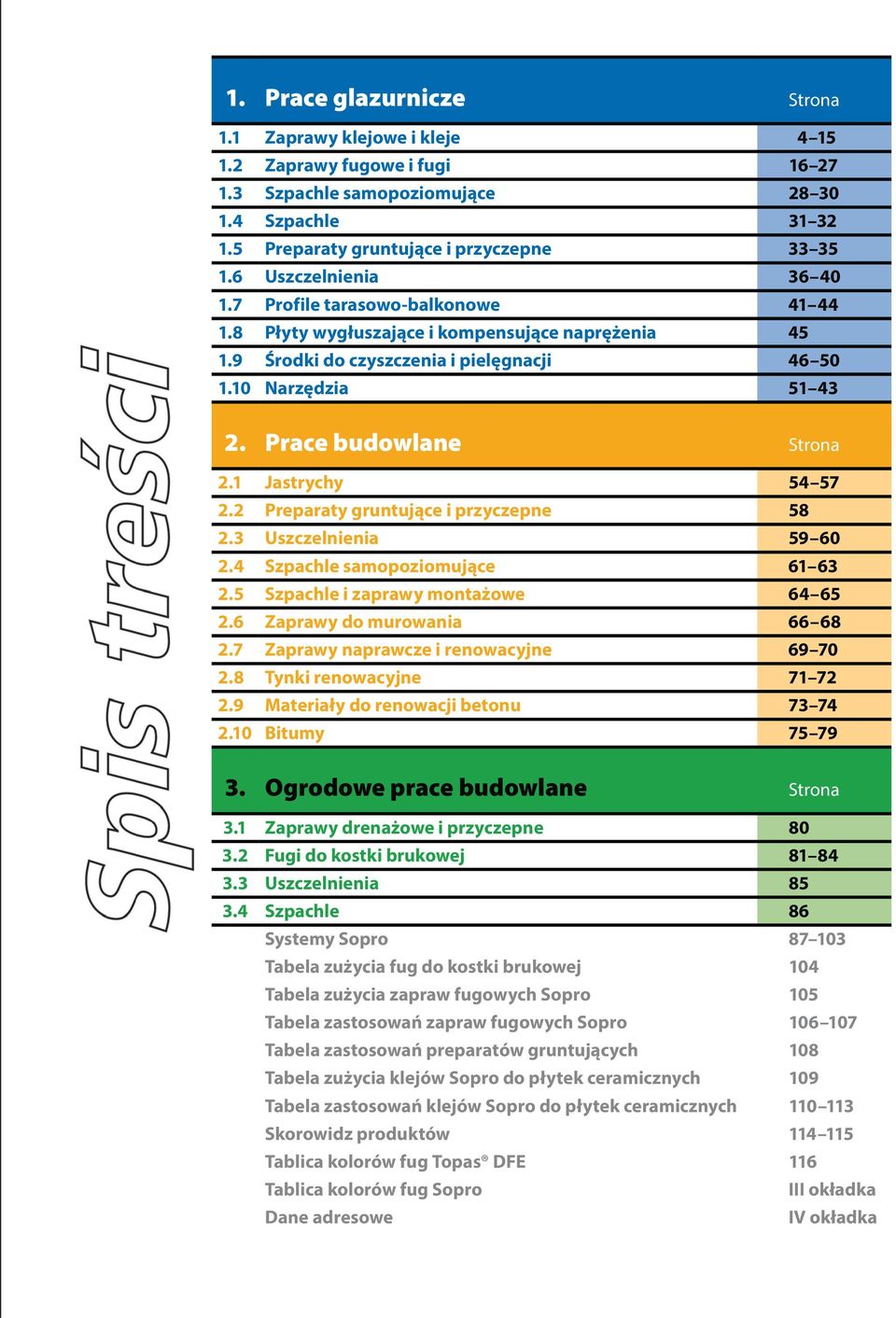 Prace budowlane Strona 2.1 Jastrychy 54 57 2.2 Preparaty gruntujące i przyczepne 58 2.3 Uszczelnienia 59 60 2.4 Szpachle samopoziomujące 61 63 2.5 Szpachle i zaprawy montażowe 64 65 2.