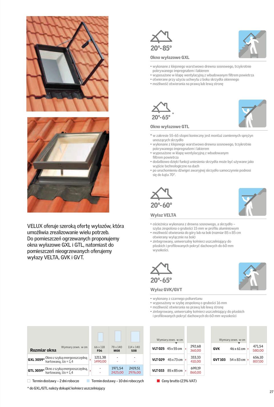 Do pomieszczeń ogrzewanych proponujemy okna wyłazowe GXL i GTL, natomiast do pomieszczeń nieogrzewanych oferujemy wyłazy VELTA, GVK i GVT.