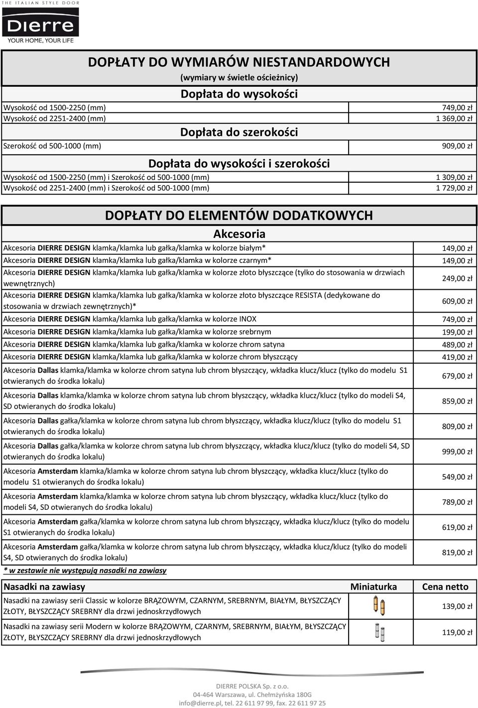 DOPŁATY DO ELEMENTÓW DODATKOWYCH Akcesoria Akcesoria DIERRE DESIGN klamka/klamka lub gałka/klamka w kolorze białym* Akcesoria DIERRE DESIGN klamka/klamka lub gałka/klamka w kolorze czarnym* Akcesoria